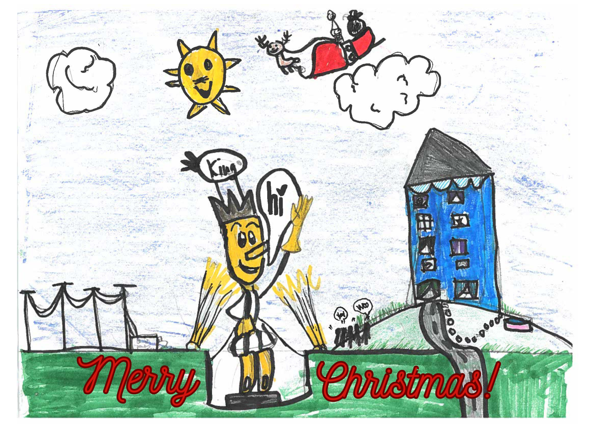 Holiday greeting card contest image of a drawing of Santa Clause riding in the clouds